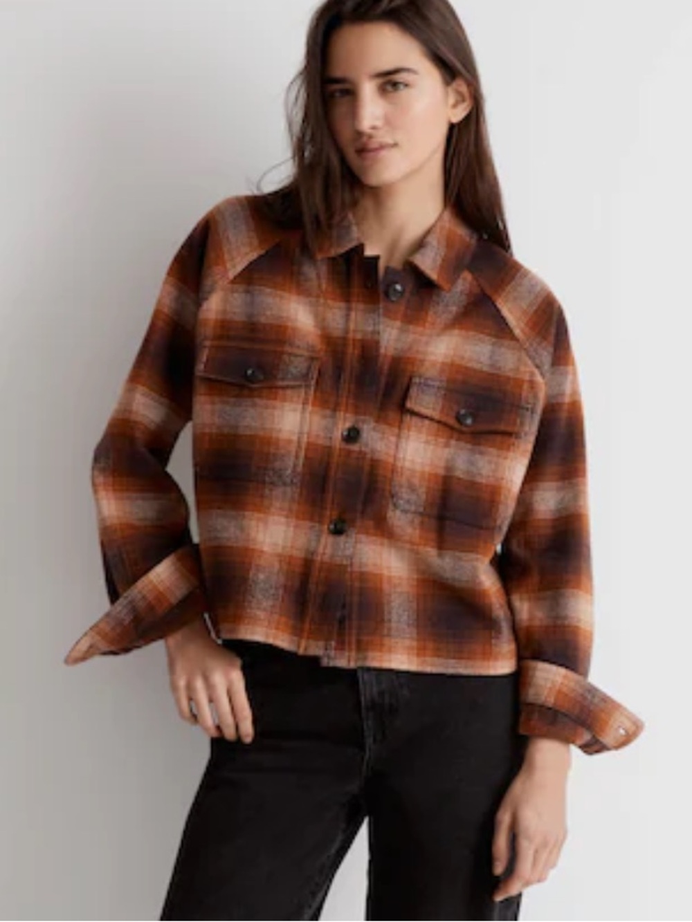 MADEWELL Women’s Fall Flannel Crop Shirt-Jacket Plaid Saddle Brown Size Small